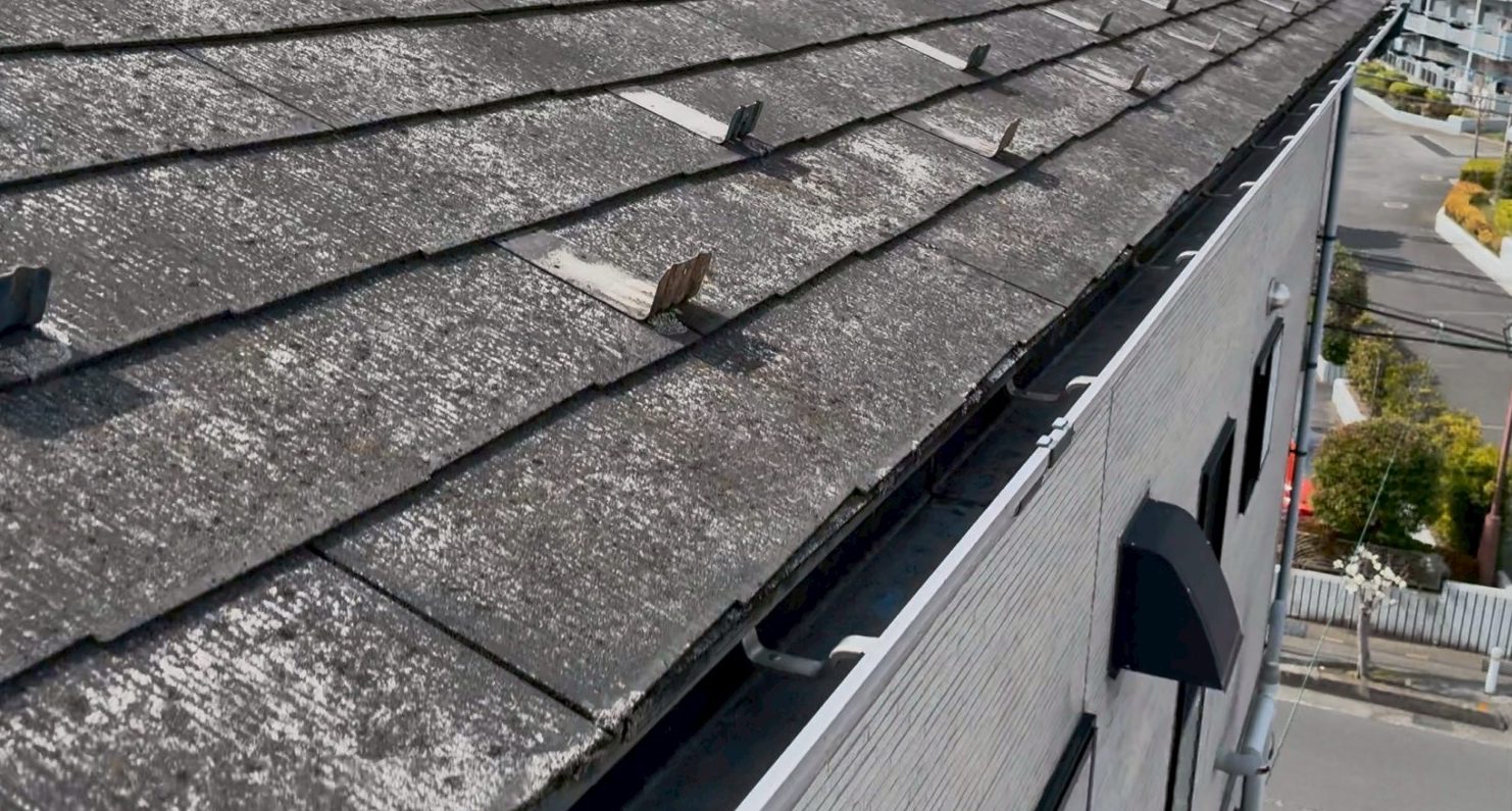 軒先部分に黒いカビが発生しているスレート屋根